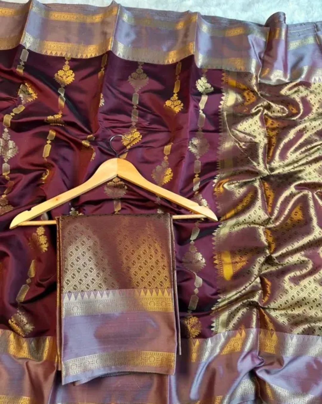 Royal Wine Banarasi Semi Katan Silk Saree with Heavy Gold Zari Pallu