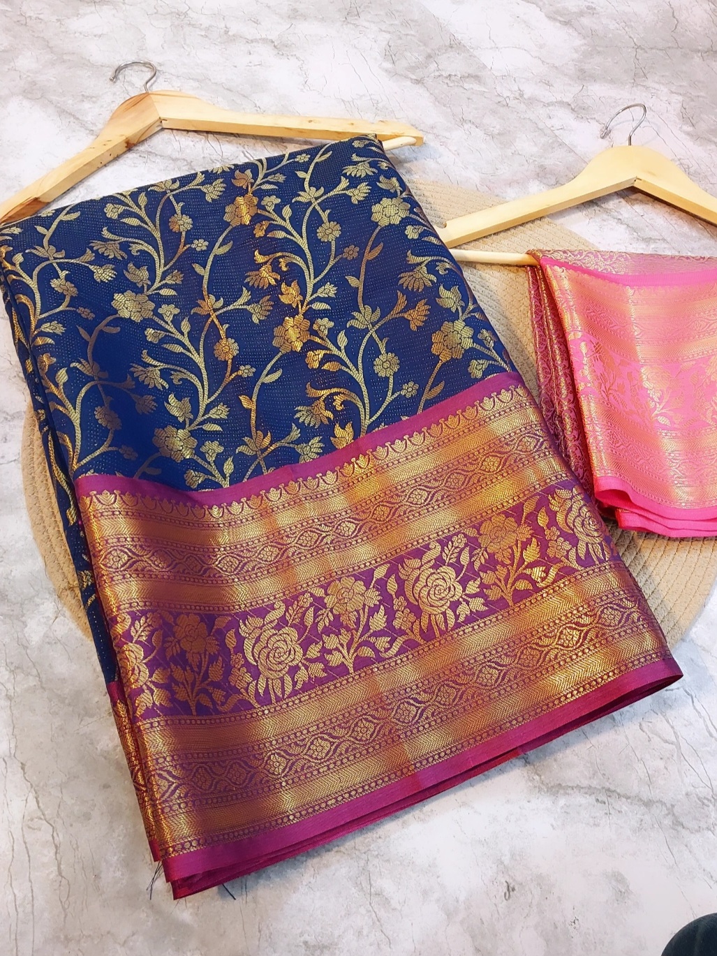 Exquisite Navy Blue &amp; Magenta Pink Banarasi Silk Saree with Gold Floral Zari Jaal